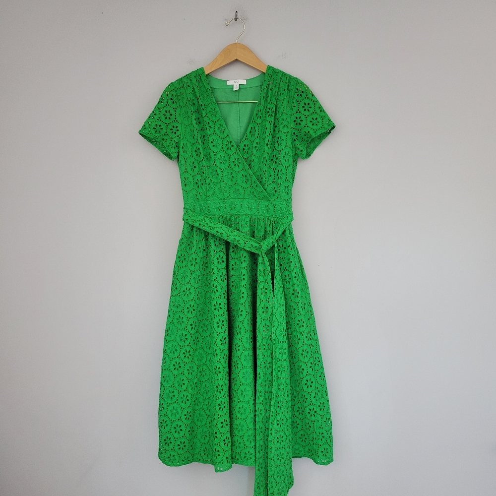 1901 Emeral Eyelet Faux Wrap Cotton Midi Dress Sz 6